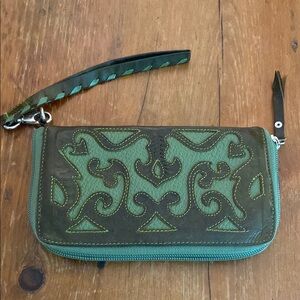 Green Embroidered Leather Wallet with Wrist Strap